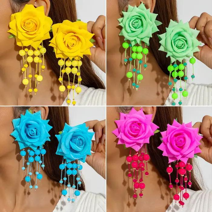 Boucles d'oreilles colorées fleur rose 3D
