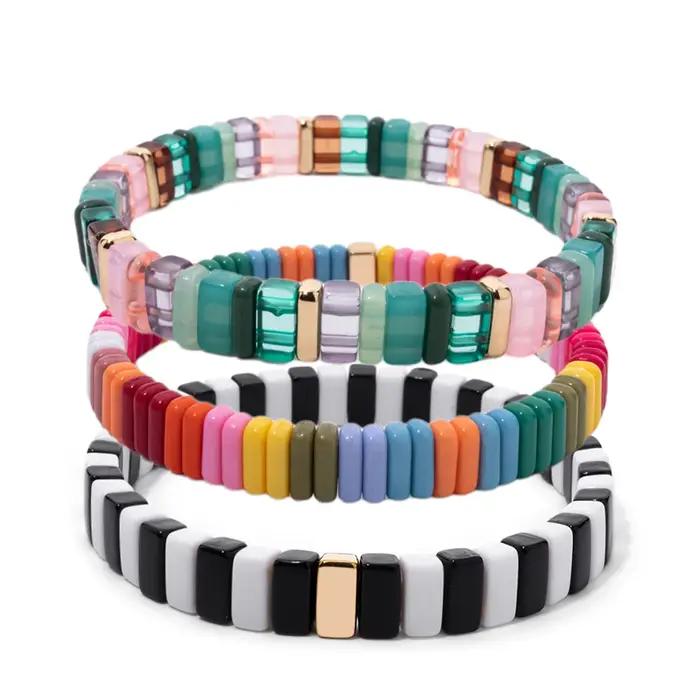 Bracelets élastiques perlés de couleur noire pour femmes, faits à la main, couleur profonde, style bohème, ensembles d'accessoires