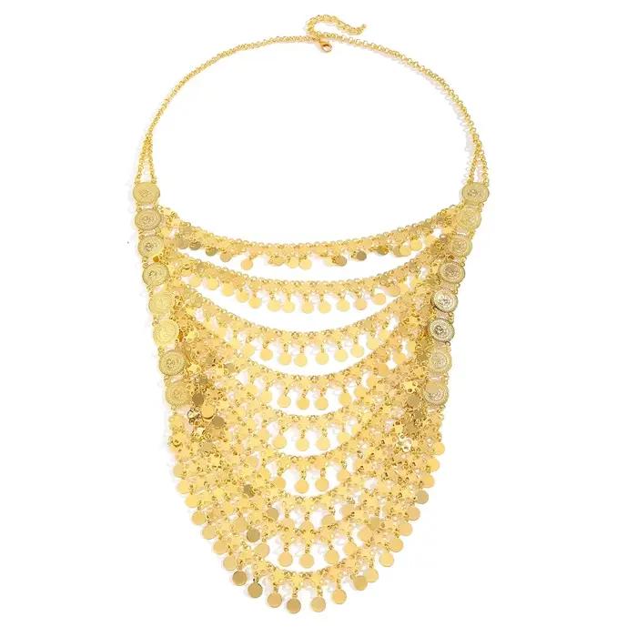 Collier Statement Multicouche en Métal Doré Style Arabe avec Pendentif Monnaie et Pompon