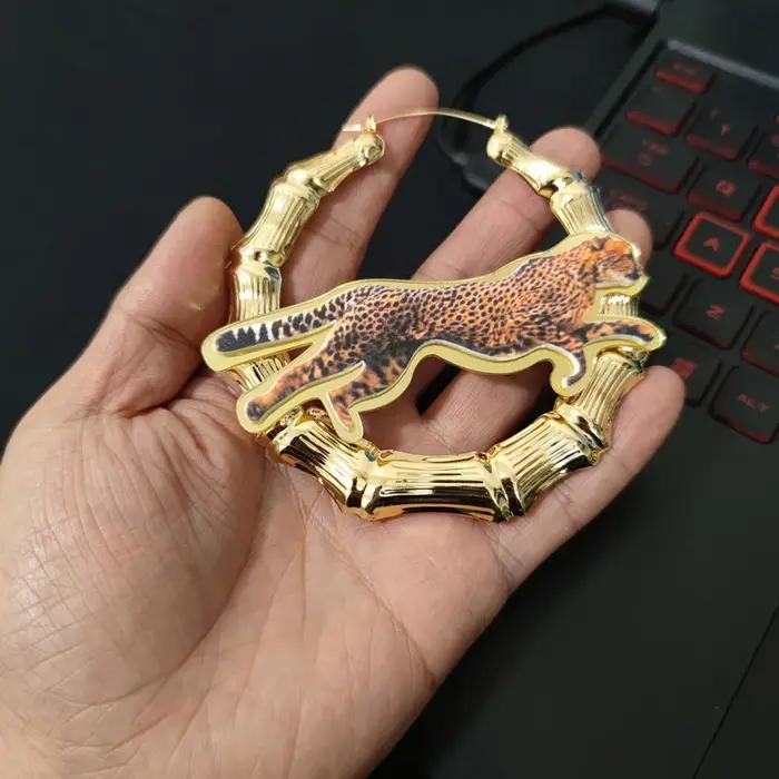 Grandes Boucles d'Oreilles en Bambou Imprimé Léopard pour Femme