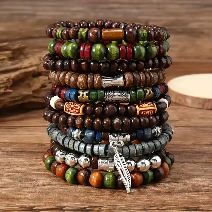 Bracelets vintage bohèmes pour hommes feuilles motifs tracker humeur bois naturel cadeaux occasions spéciales