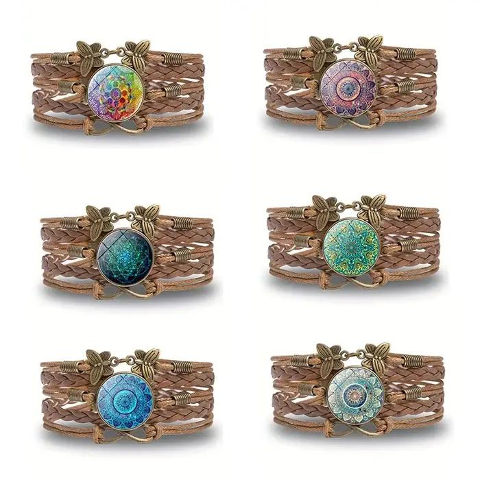 Bracelet Mandala Fleurs en cuir tissé vintage multicolore pour femmes et hommes occasions spéciales