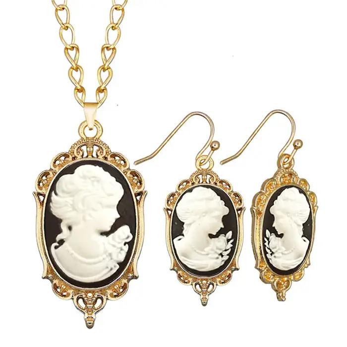 Victoria pendentif dame reine camée collier boucle d'oreille ensemble pour les femmes couleur or rouge blanc perle bijoux de mode