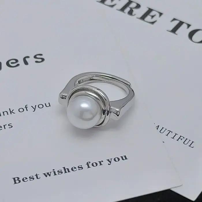 Bagues de perles blanches réglables pour femmes, bague de mariage élégante en argent regardé 925 vér