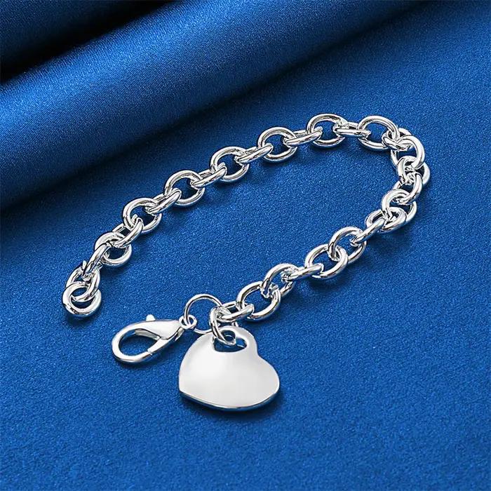 Bracelet en argent sterling 925 de 8 pouces en forme de cœur exquis