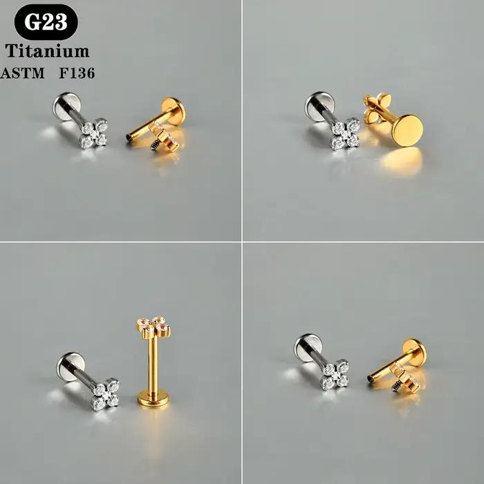 1 PC ASTM F136 titane Zircon dos plat boucle d'oreille fleur clous