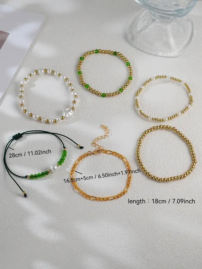 Lot de 6 bracelets bohèmes verts en perles d'imitation de cristal