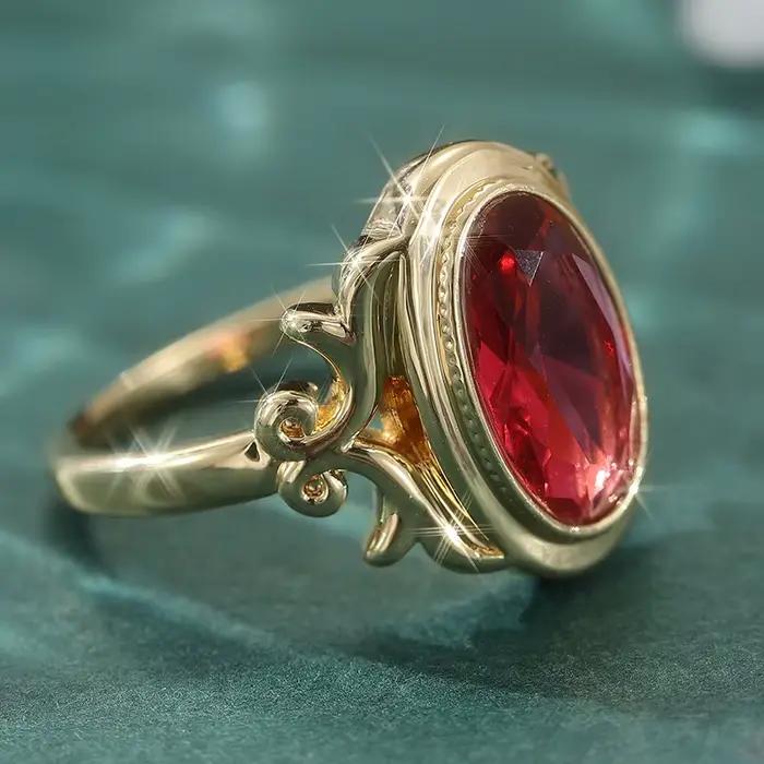 Bague vintage magnifique incrustée de rubis synthétiques ovales plaquée or pour femme