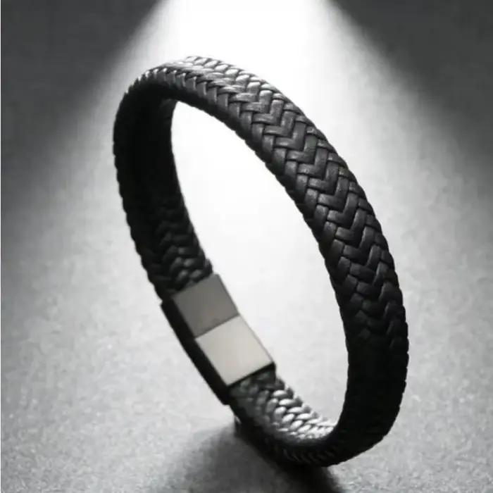 Bracelet classique en cuir noir pour hommes, bijoux à main, beau cadeau