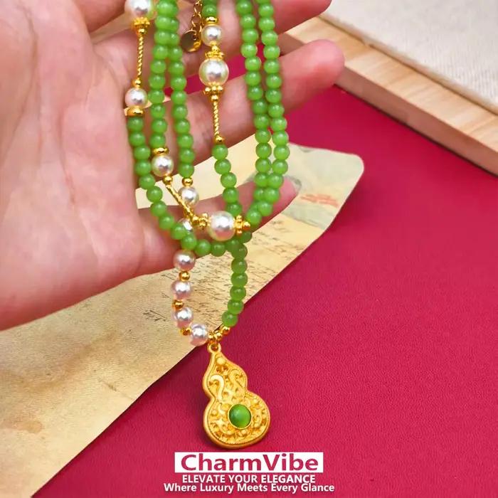 Collier en pierre verte avec pendentif gourde dorée pour femmes, bijoux vintage pour mariage et anniversaire