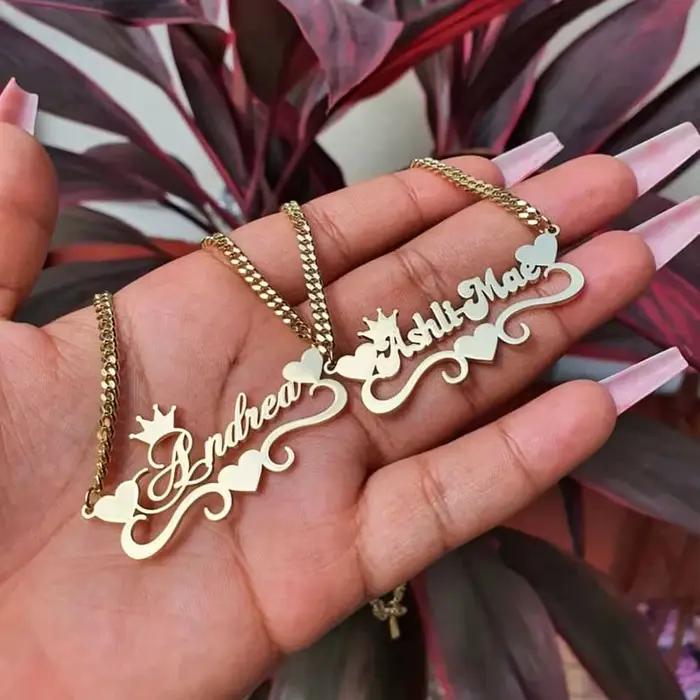Collier Personnalisé avec Nom en Forme de Cœur pour Femme, avec Ruban en Acier Inoxydable, Couronne,