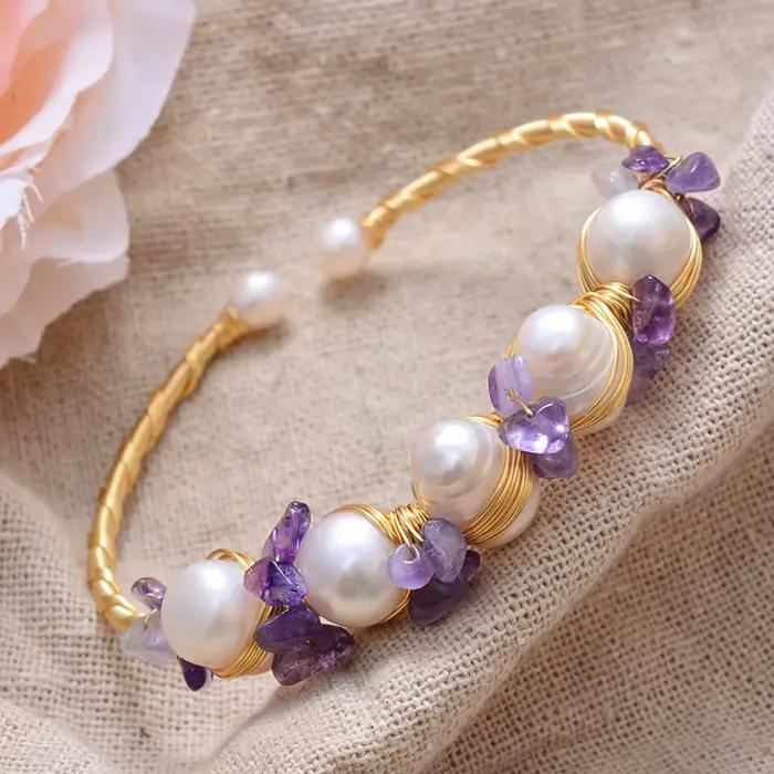Bracelet en perles d'eau douce 100% naturelles et cristal violet
