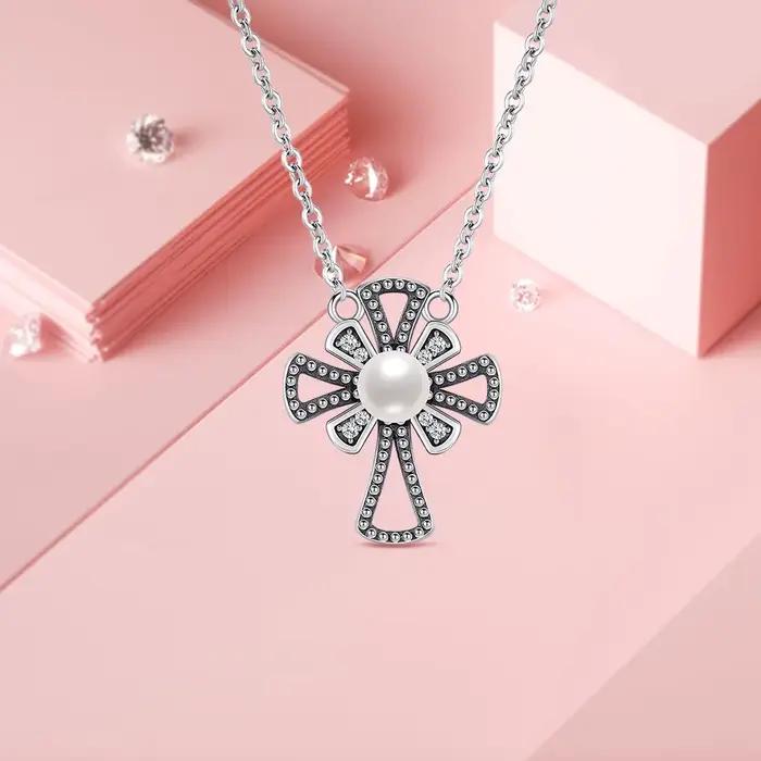 Collier croix en argent sterling 925 avec perles