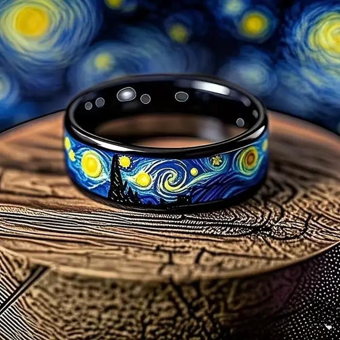 Bague noire à motif de nuit étoilée Unique pour hommes et femmes, bijoux de mariage, accessoires de