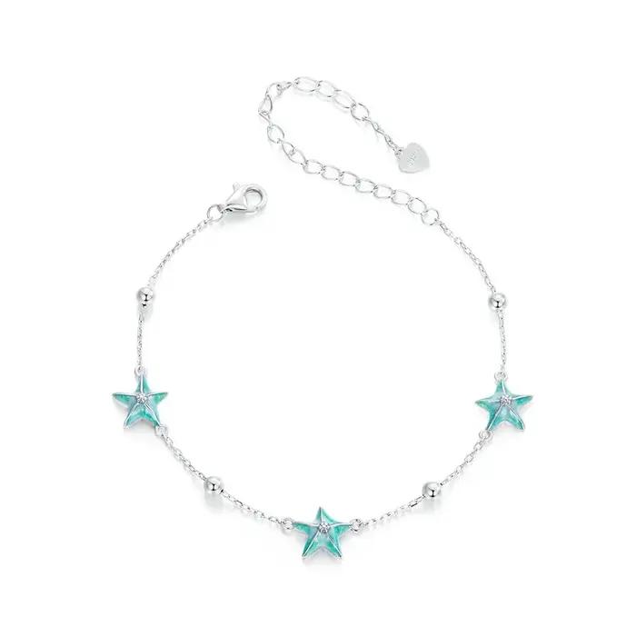 BISAER 925 argent Sterling bleu coquillage Bracelet plaqué or blanc pour les femmes fête émail étoile de mer