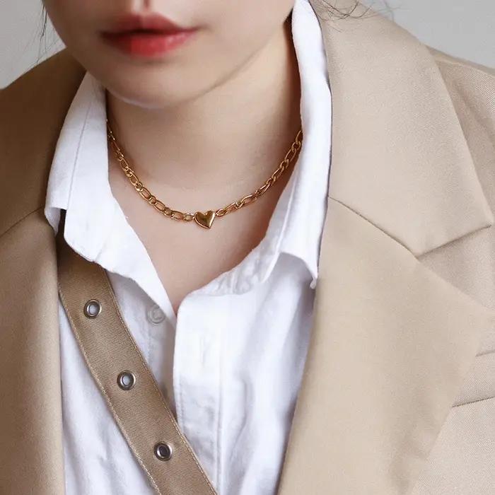 Amaiyllis-Collier Figaro en Or 18K avec Cœur de Pêche, Ras du Cou, Clavicule, Bijoux Boho Faits à la Main