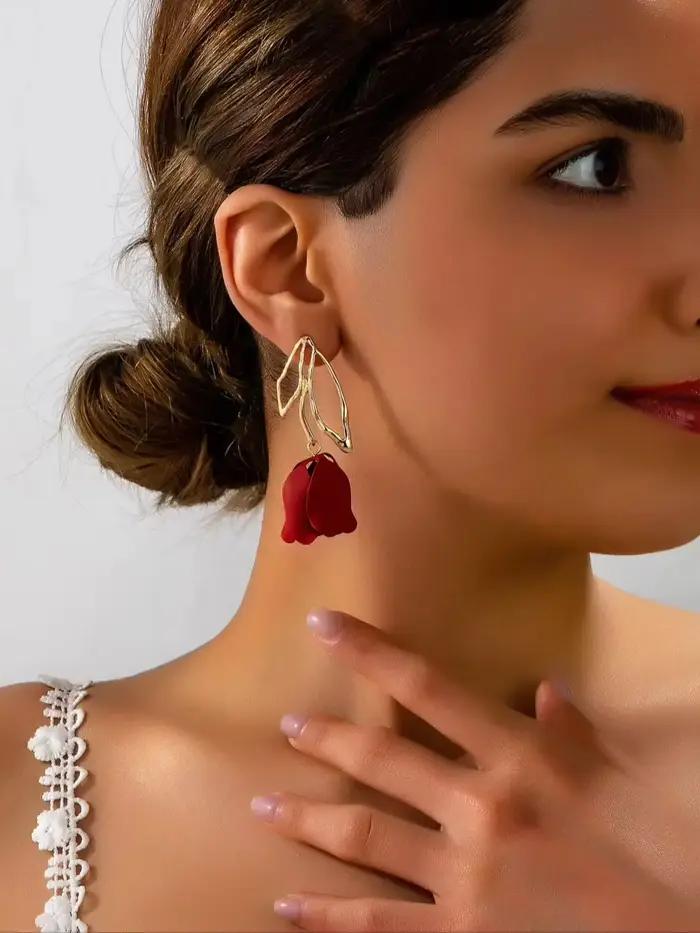 Boucles d'Oreilles Pendantes en Forme de Rose Vin Rouge Pour Femmes Usage Quotidien Vacances Cadeau Fête