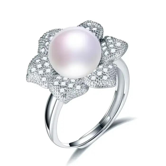YWYC 100% véritable perle de culture d'eau douce bague mode 925 en argent Sterling fleur Zircon cris
