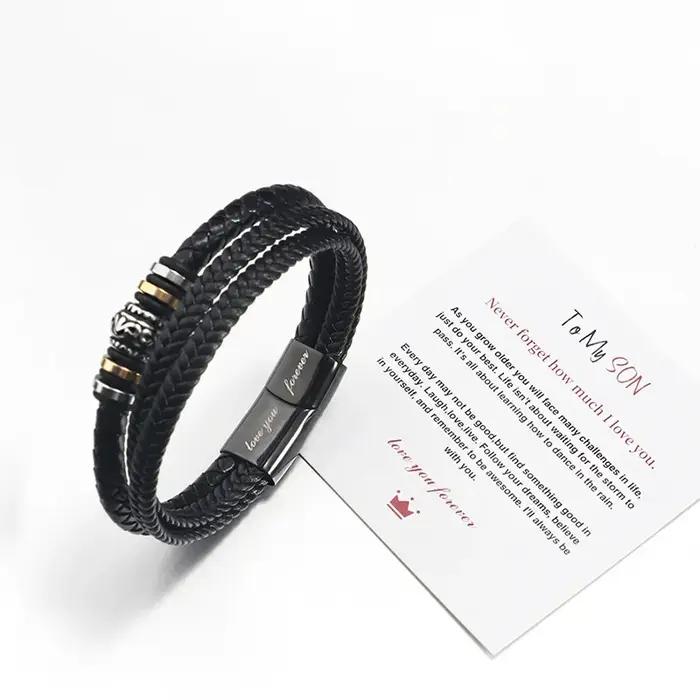 Bracelet pour fils/normes des Parents, perles en cuir en acier inoxydable, cadeaux de remise de dipl