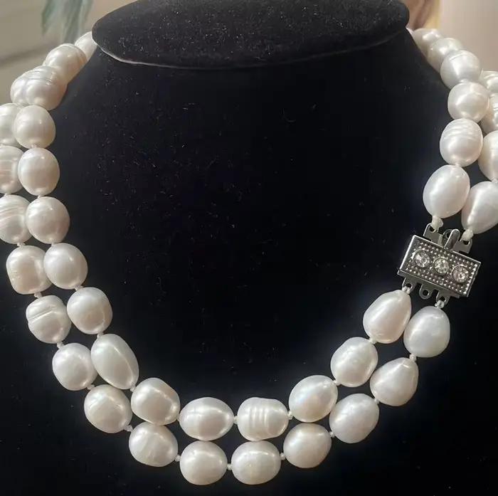 Nouveau collier de bijoux grand 2 rangées 10-12mm riz Baroque blanc collier de perles de culture d'eau douce 18-19"