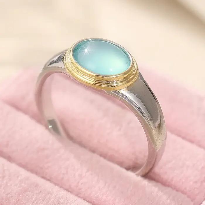 Bague élégante pour femme avec pierre bleue marine incrustée, tendance, bicolore, pour usage quotidi