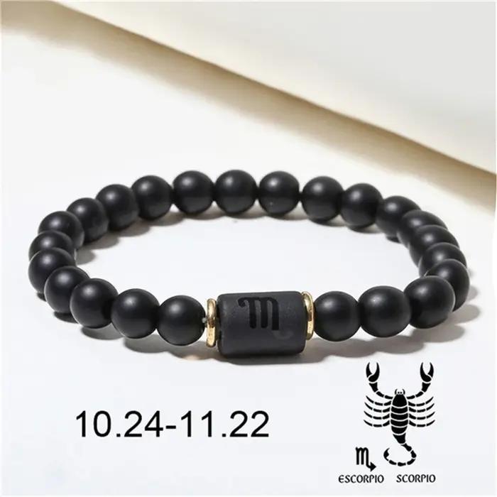Bracelet Simple 12 Constellations pour Hommes et Femmes Motifs Étoiles Pierres Noires Accessoires de Poignet Occasions Spéciales Cadeau Astrologique