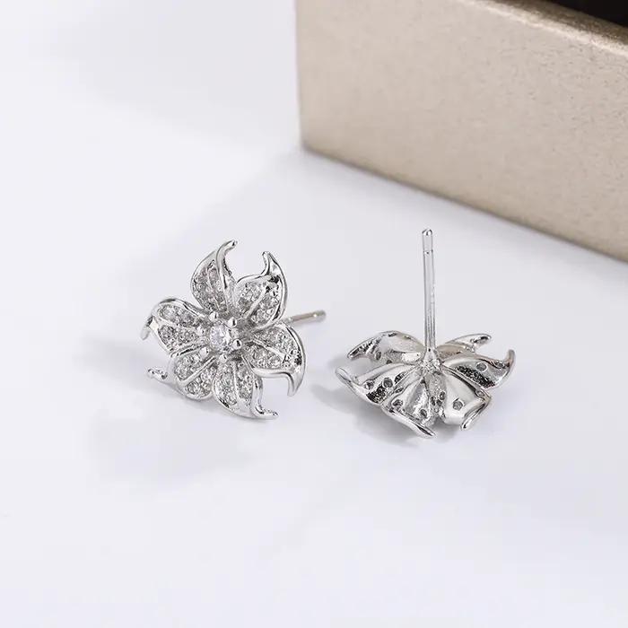 Charmante fleur 925 argent plaqué boucle d'oreille pour les femmes pavé brillant clair CZ mariage fiançailles bijoux déclaration accessoires