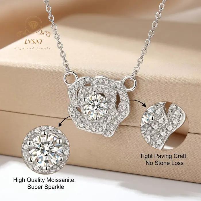 Collier en argent pur S925 avec pendentif fleur de camélia bohème pour femme