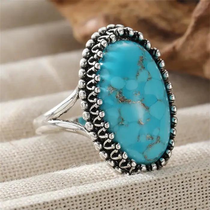 Bague Bohème pour Femme en Imitation Turquoise Incrustée, Bijou Géométrique Argenté Ethnique pour Us