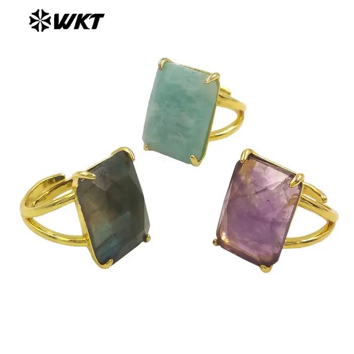 Bague carrée réglable en pierres précieuses naturelles