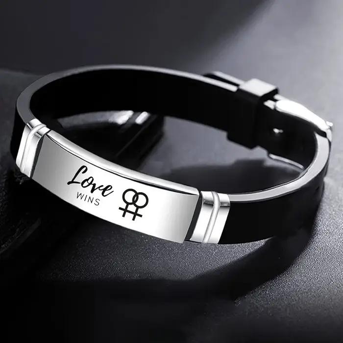 Bracelet plaqué argent pour lesbiennes et genci, bracelet réglable en silicone et acier inoxydable,
