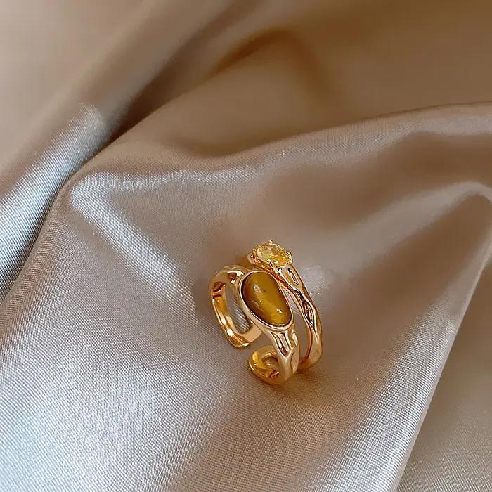 Bague ouverte en pierre d'oeil de tigre plaquée or 18 carats pour femmes style rétro luxe accessoires de bijoux tendance occasions spéciales parties soirée