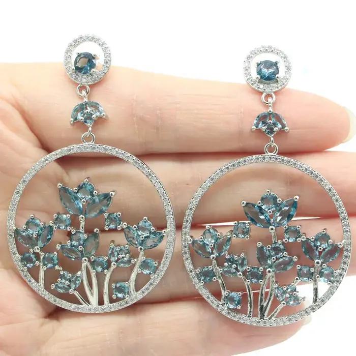 Boucles d'oreilles en argent pour femme, 62x37mm, SheCrown, 15.4g, Topaze bleue suisse, Topaze bleue