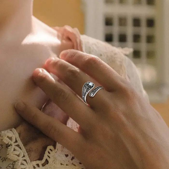 Bague Ajustable en Argent Sterling 925 Triple Lune Goddess Hecate Pierre de Lune Amulette Cuillère Vintage Bijoux Cadeau Femme Occasions Spéciales
