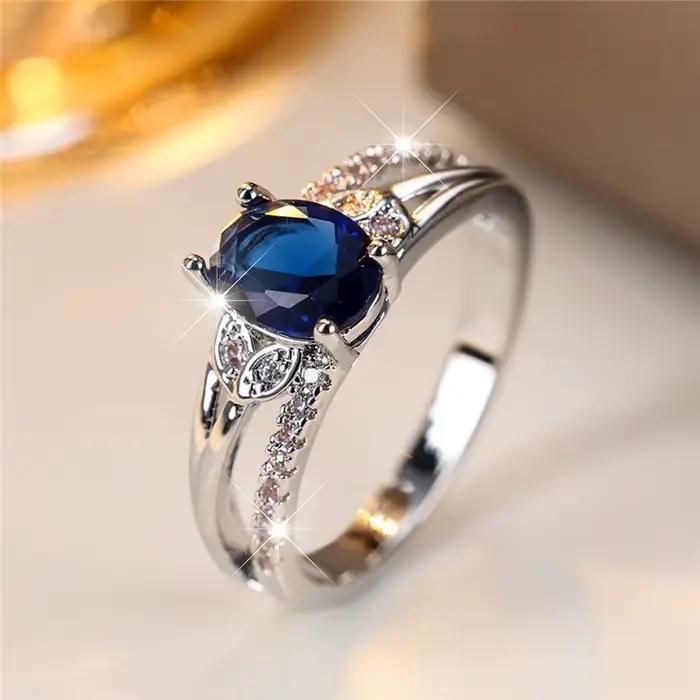 Bague Boho en pierre de Zircon ovale bleu pour femme