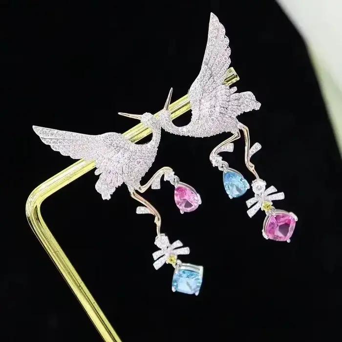 ZOCA luxe 925 en argent Sterling colibri oreille Clips pour les femmes brillant bleu Zirconium oiseau Piercing boucles d'oreilles bijoux fins