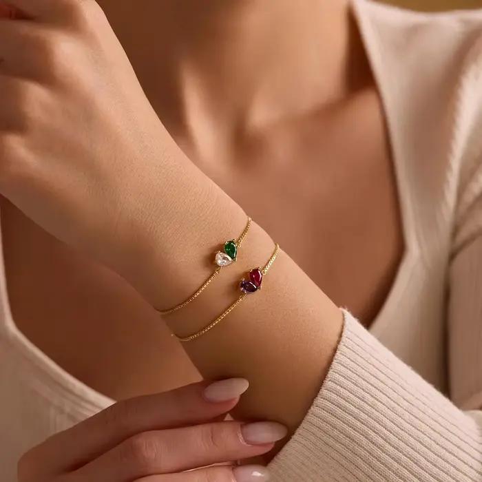 Bracelet personnalisé en pierre de naissance en forme de cœur, 2 pierres de naissance, bijoux mère et fille, cadeau de fête des mères, chaîne de boîte en acier inoxydable