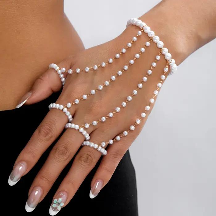 Bracelets de doigt en perles d'imitation tendance pour femmes, bracelet chaîne à maillons avec pampi