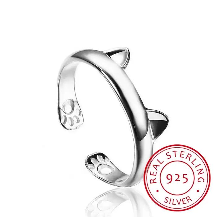 Bague ouverte réglable en argent regardé 925 pour femme, belle oreille de chat, bijoux fins, cadeaux