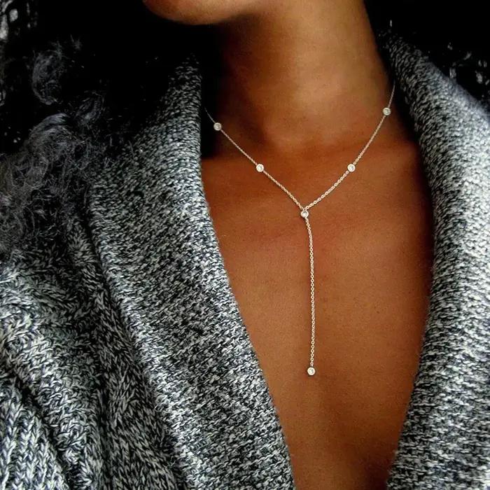 Boho mode bijoux femmes délicat 14 K or colliers blanc plaqué or CZ Lariat collier