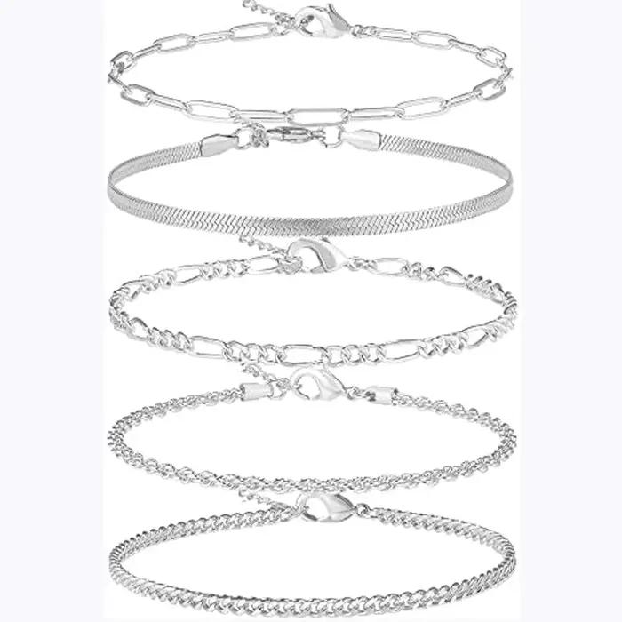 Bracelet de cheville en argent sterling 925 serti de motifs géométriques dorés pour femmes résistants à l'eau occasions estivales et plage