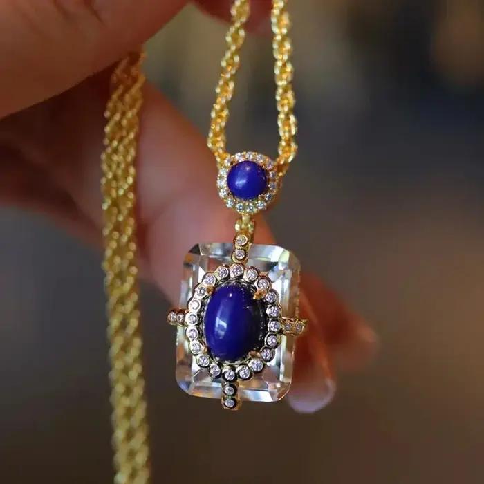 Collier en Lapis Lazuli en Argent 925 pour Femme, Design Original, Observateur, Luxe, Clip Blanc, Pendentif Carré, Clavicule Bleue, Bijoux Occasions Spéciales