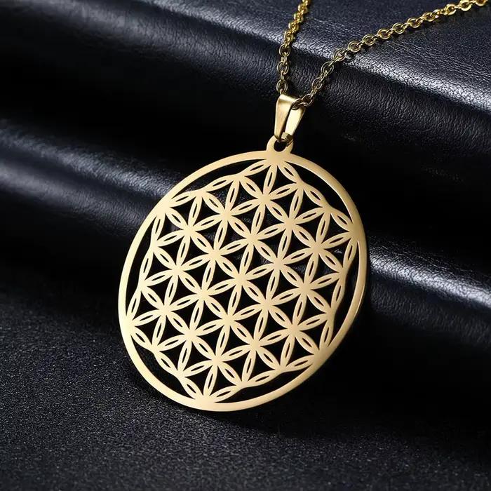 Collier Fleur de Vie Mandala Runes en Acier Inoxydable pour Femmes Occasions Spéciales Géométrie Sacrée Plantes