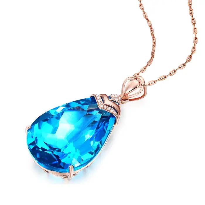 Collier en or rose 14K pendentif saphir bleu pour femme topaze goutte calcédoine