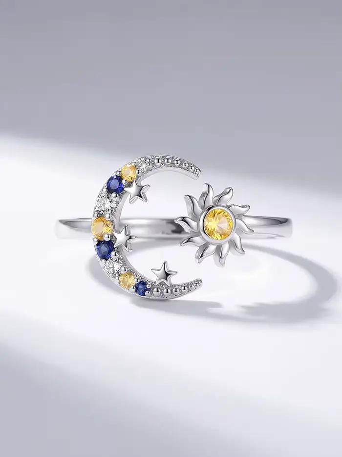 Bague réglable en argent sterling 925 sertie de zirconium blanc motif lune et soleil pour femmes occasions spéciales alliance de mariage finitions sophistiquées