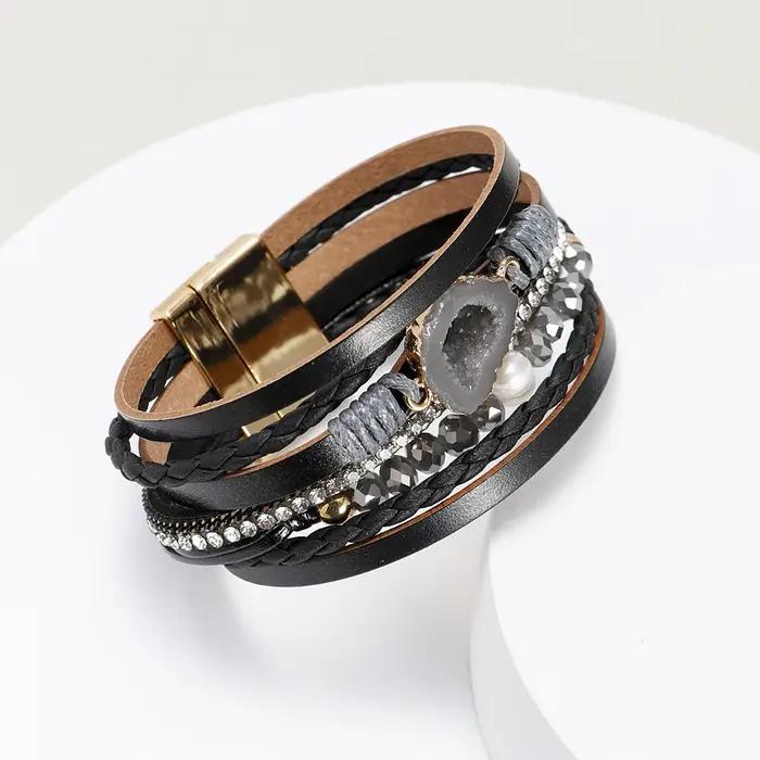 Bracelet en cuir de gravier perles d'eau douce naturellement perlées cristal pour femmes élégant cadeau pour occasions spéciales