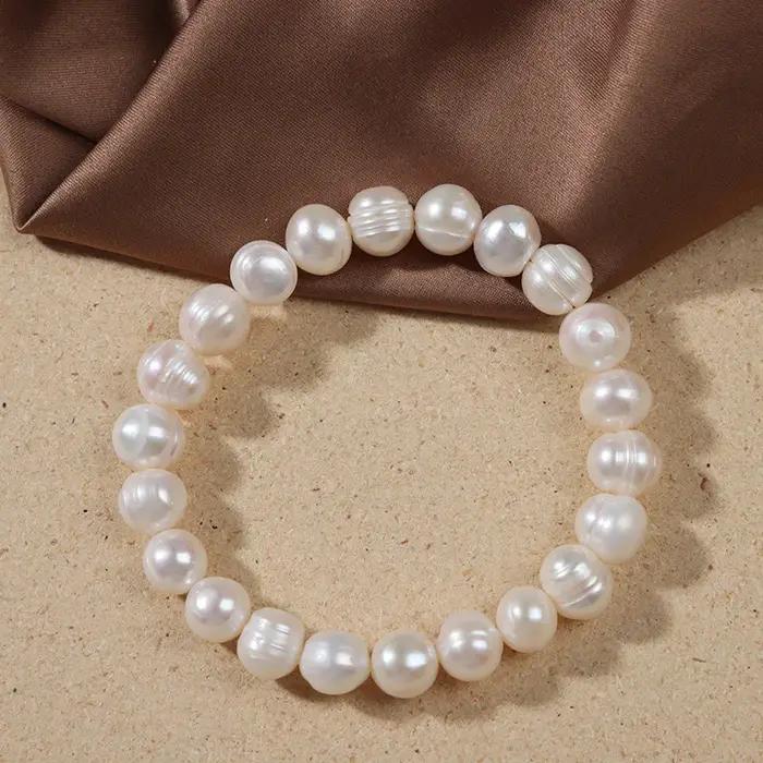Bracelets élégants en perles naturelles d'eau douce pour femmes, breloque en perles baroques blanche