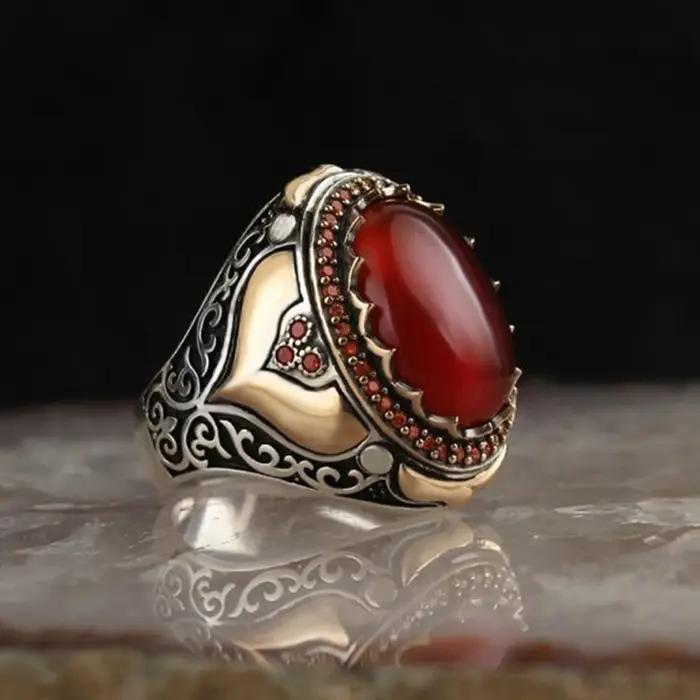 Bague chevalière turque arabe du moyen-orient pour hommes, faite à la main, couleur argent antique,