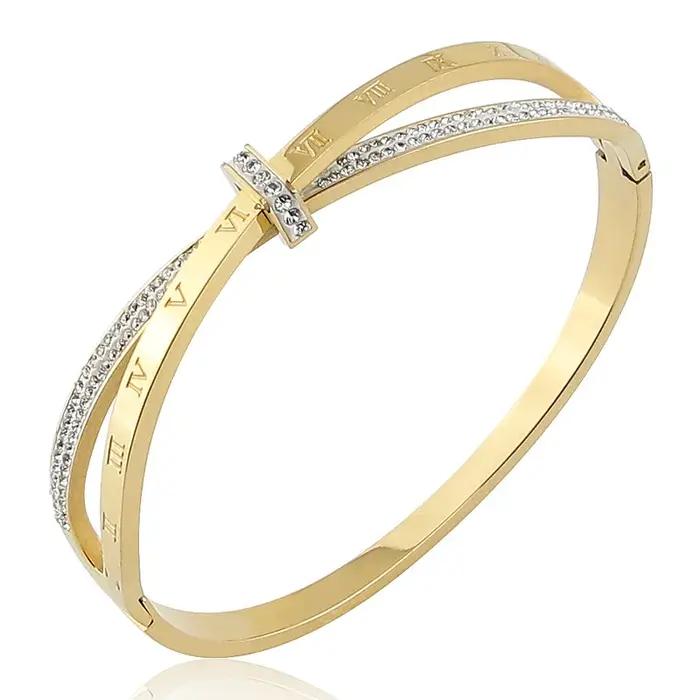 Nouveaux bracelets en acier inoxydable avec cristaux, chiffres romains entrecroisés, pour femmes, id
