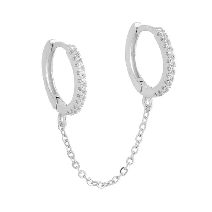 Boucles d'oreilles en argent Sterling 925 pour femmes, 1 pièce, Piercing à deux trous, cristal brillant, Zircon, 2 couleurs métalliques, chaîne, bijoux de fête